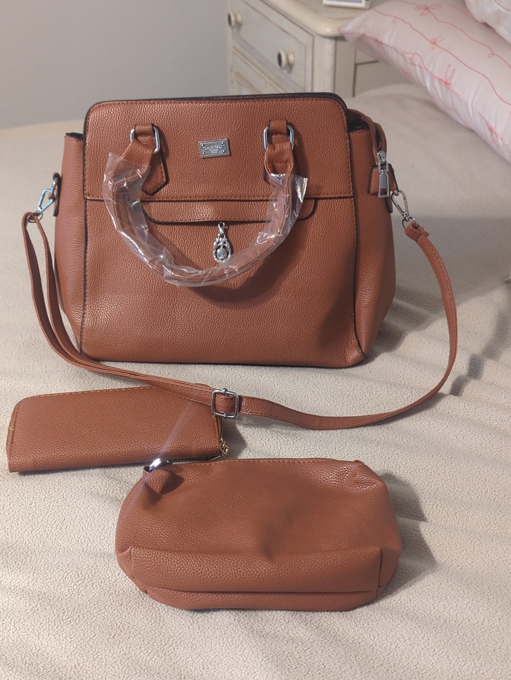 Classic Brown Women's Satchel Handbag with Accessories